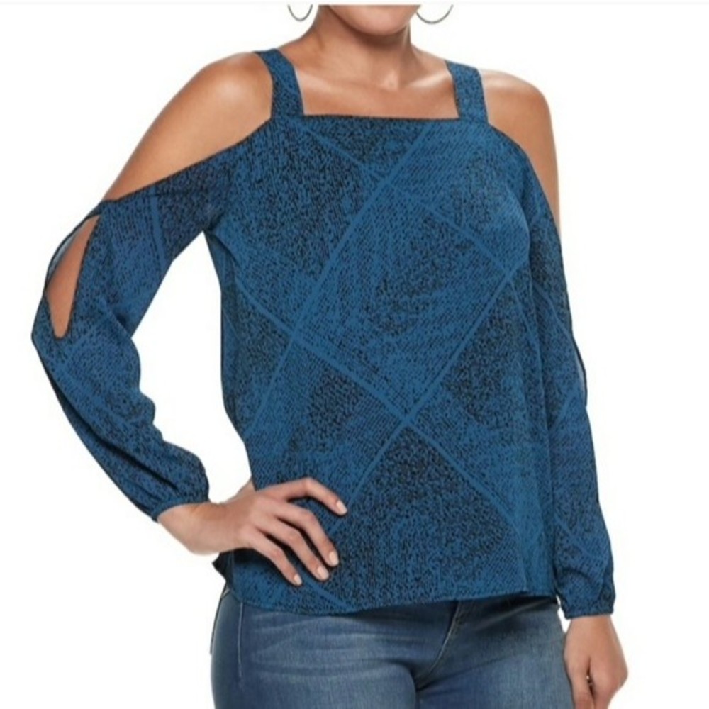 JUICY COUTURE Georgette Blouse Top Cold Shoulder Black Teal Blue